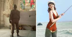 Left: A soldier in uniform stands in a church, facing a stained glass window. Right: A woman in a red swimsuit, sailor hat, and waders smiles while holding a fishing rod on a beach.