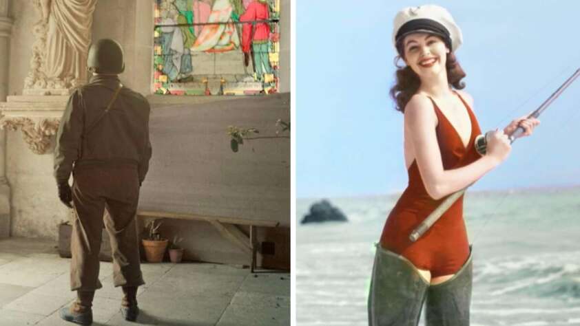 Left: A soldier in uniform stands in a church, facing a stained glass window. Right: A woman in a red swimsuit, sailor hat, and waders smiles while holding a fishing rod on a beach.
