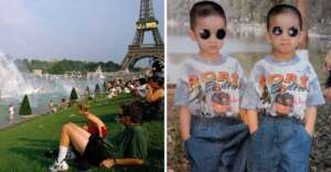 A split-image: on the left, people relax on grass near the Eiffel Tower in Paris; on the right, two young boys wearing matching sunglasses and "Boat Beach" shirts pose together.