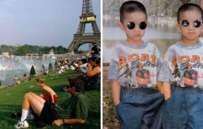 A split-image: on the left, people relax on grass near the Eiffel Tower in Paris; on the right, two young boys wearing matching sunglasses and "Boat Beach" shirts pose together.