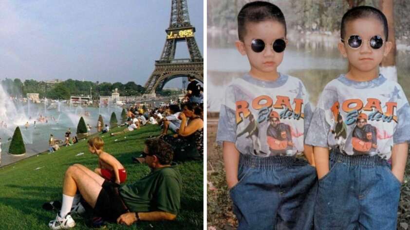 A split-image: on the left, people relax on grass near the Eiffel Tower in Paris; on the right, two young boys wearing matching sunglasses and "Boat Beach" shirts pose together.
