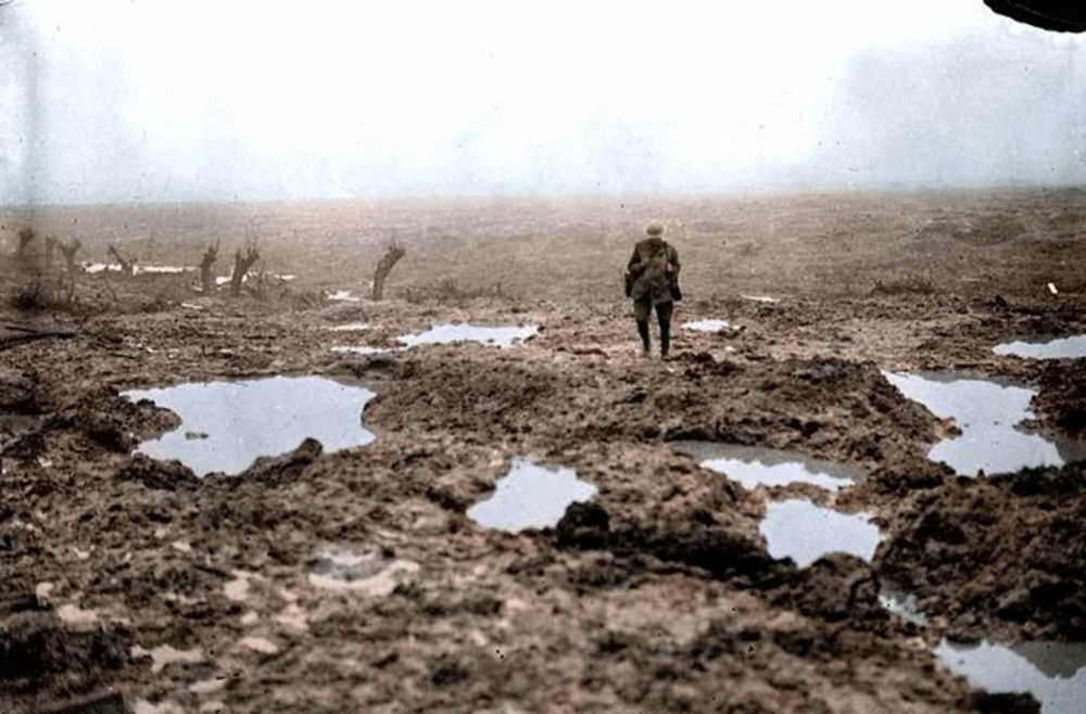 A lone soldier walks across a muddy, crater-filled battlefield under a gray sky, surrounded by water-filled shell holes and barren, war-torn land.