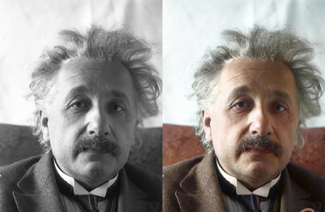A split image shows a black-and-white portrait of Albert Einstein on the left and a colorized version of the same portrait on the right, highlighting his expressive face and wild hair.
