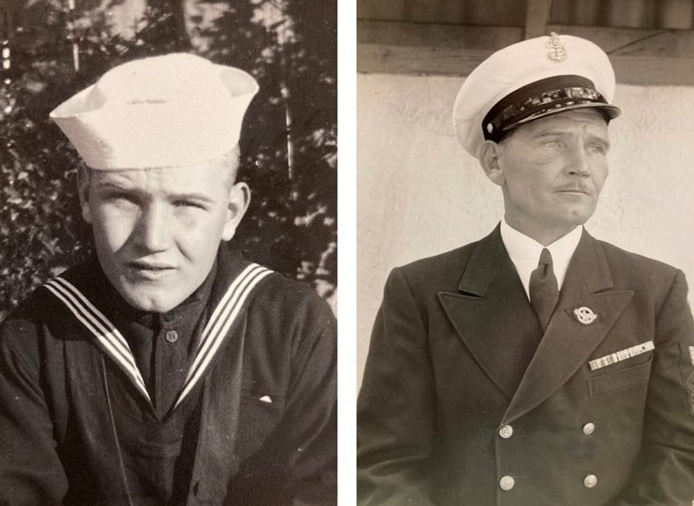 Side-by-side black-and-white photos of a man in navy uniforms: on the left, he is young in a sailor suit and cap; on the right, older in a formal officer’s uniform and peaked hat, looking serious.