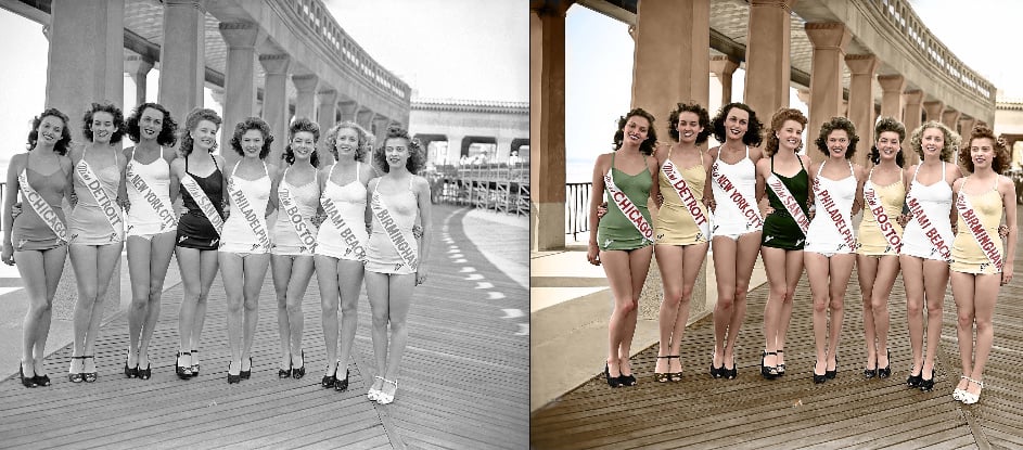 Two versions of the same photo show seven women in swimsuits and sashes, standing in a row on a boardwalk. The left image is black and white; the right one is colorized. The women are smiling, arms linked.