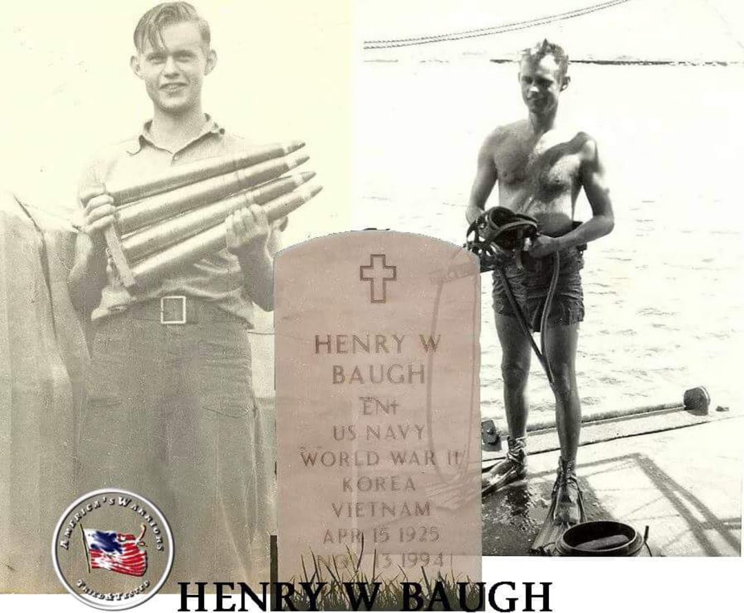 A split-image features a young man in Navy uniform holding large shells on the left, the same man in swim trunks on a boat on the right, and a gravestone in the center with text honoring Henry W. Baugh’s military service.