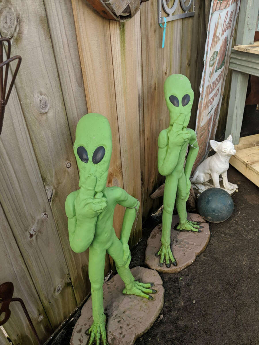 Two green alien statues stand on stone bases against a wooden fence, both holding a finger to their lips as if saying "shh." A white cat statue and a blue ball are visible nearby.