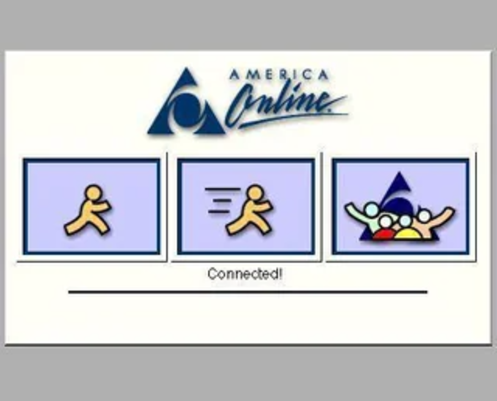 A classic America Online (AOL) login screen displays three icons: a running person, a running person with speed lines, and a group of people, with "Connected!" shown beneath them.