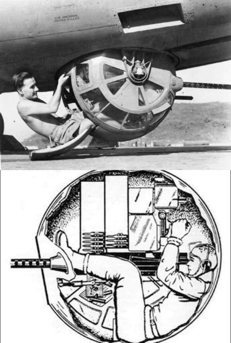 A black and white photo shows a man entering a small glass pod under an aircraft, with a diagram below illustrating a person operating controls inside the confined spherical space.