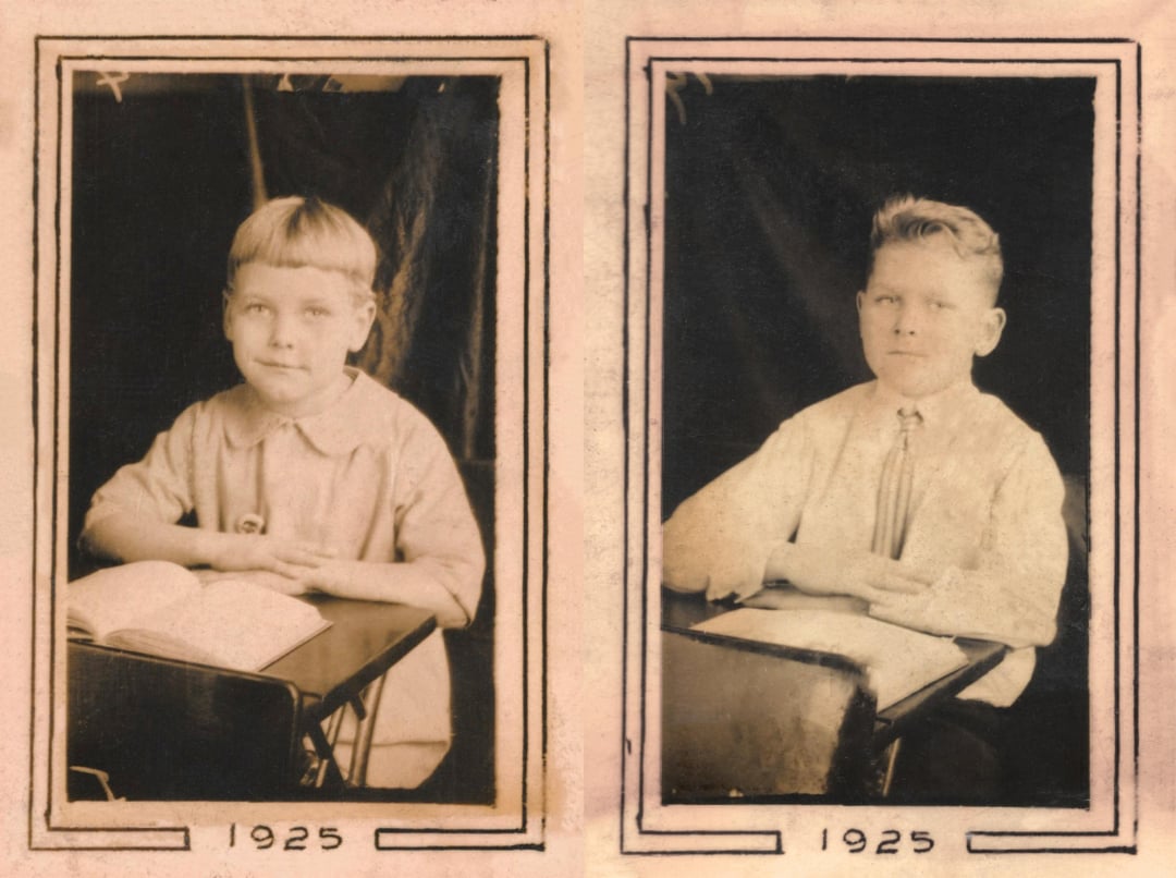Two sepia-toned portraits from 1925 show a young girl and a young boy sitting at desks with open books, each looking slightly off camera, framed individually with simple borders.