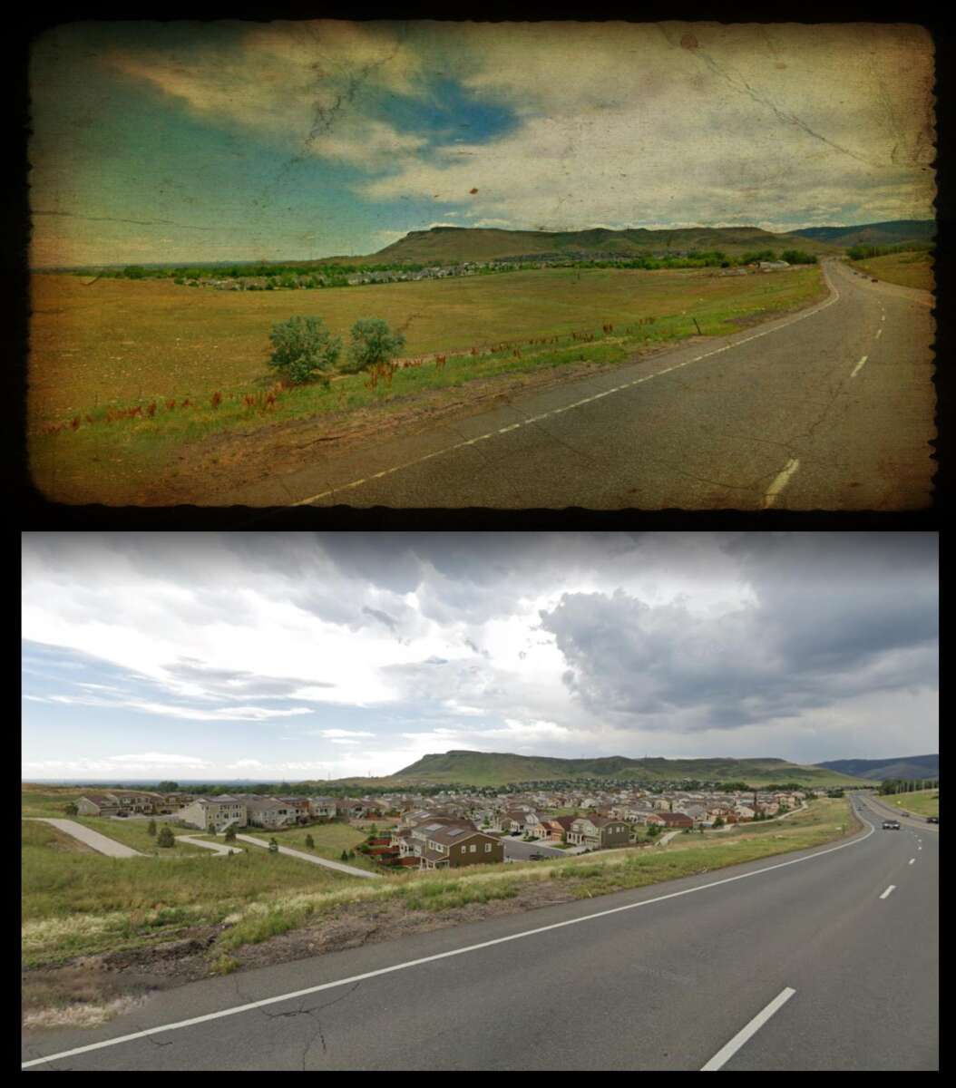 A side-by-side comparison shows the same rural road: the top image is older with open fields; the bottom image is modern, with suburban houses filling the once-empty land under a cloudy sky.