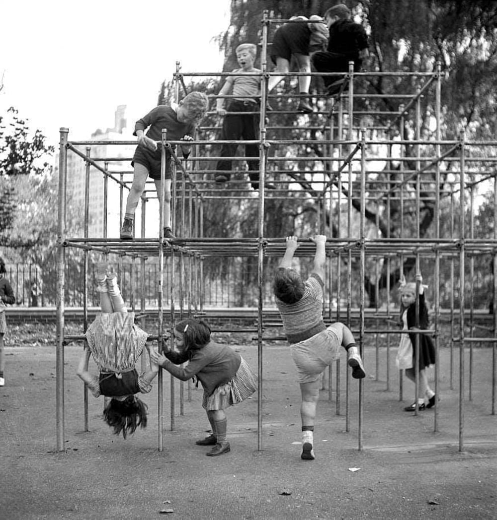 Children play energetically on a metal jungle gym in a park. Some climb on top, while others hang, swing, or climb on the bars below. Trees and buildings are visible in the background.