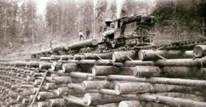 A steam locomotive travels on tracks built atop a large stacked log trestle in a forest area, with workers standing on the logs and scattered timber in the background.
