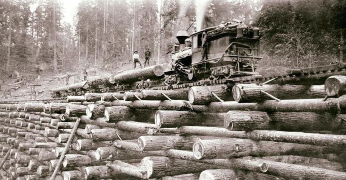 A steam locomotive travels on tracks built atop a large stacked log trestle in a forest area, with workers standing on the logs and scattered timber in the background.