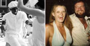 Split image: Left side shows a man in white dancing with a woman outdoors, smiling. Right side shows a woman in a low-cut dress laughing beside a bearded man in an open shirt at an indoor event.