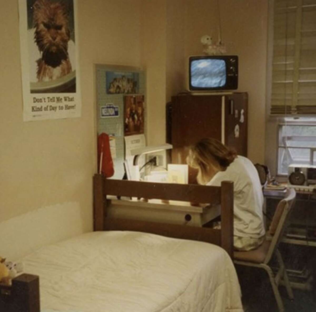 A person sits at a desk studying in a small, tidy dorm room with a single bed, a wall poster of a scruffy dog, a small TV on top of a cabinet, and sunlight coming through the window blinds.