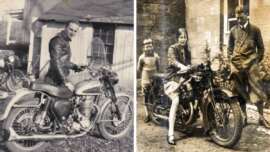 Two vintage black-and-white photos: On the left, a man in a leather jacket sits on a classic motorcycle. On the right, a woman sits on a motorcycle while two men and a child stand nearby, all in vintage clothing.