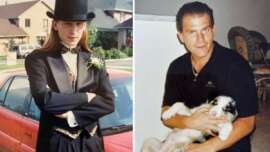 A split image: on the left, a young person with long hair wears a tuxedo and top hat, standing in front of a red car; on the right, a man in a black shirt holds a black and white puppy indoors.