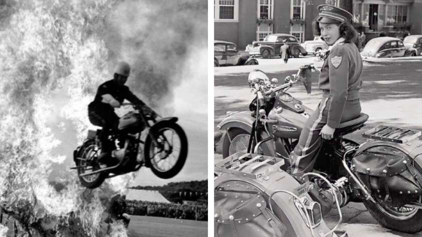 Left: A motorcyclist jumps through a large burst of flames. Right: A female police officer in uniform sits on a parked motorcycle, looking back and smiling. Both images are in black and white.