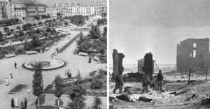 Split image comparison: on the left, a green, well-kept urban park with people walking; on the right, the same area in ruins with destroyed buildings and debris, showing devastation.