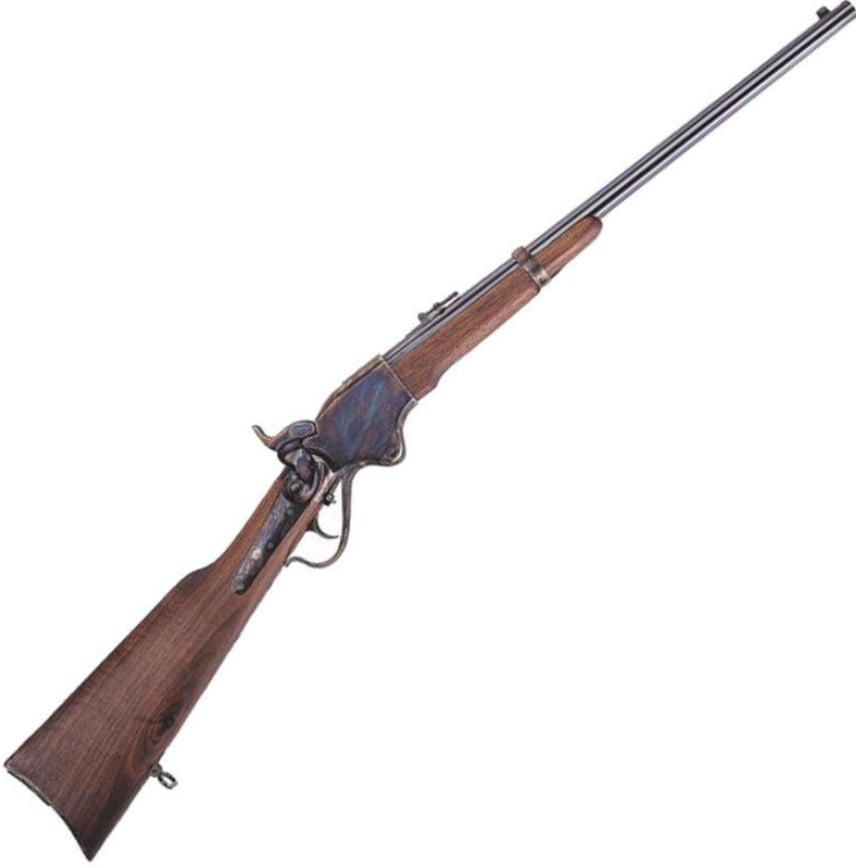 A vintage lever-action rifle with a wooden stock and metal barrel, shown on a white background at an angle.