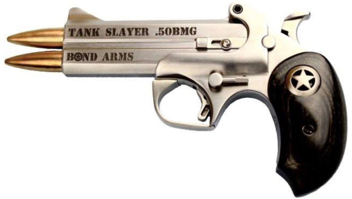 A silver Bond Arms derringer-style pistol labeled "TANK SLAYER .50BMG" with two large rifle bullets inserted in the barrels, and a black grip with a star symbol.