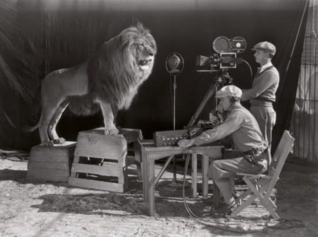 A lion stands on a crate in front of a microphone, while two men operate a film camera and sound equipment on a studio set with a dark backdrop.