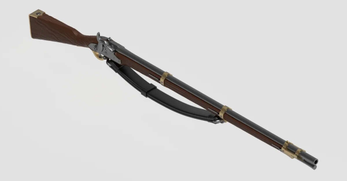 A vintage rifle with a wooden stock, metal barrel, brass fittings, and a black leather sling attached, displayed on a neutral background.