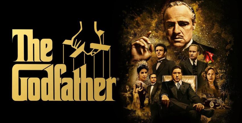 Movie poster for "The Godfather" featuring the title in yellow with a puppet hand logo on the left, and a collage of main characters, including a stern older man and others, set against a dark background on the right.