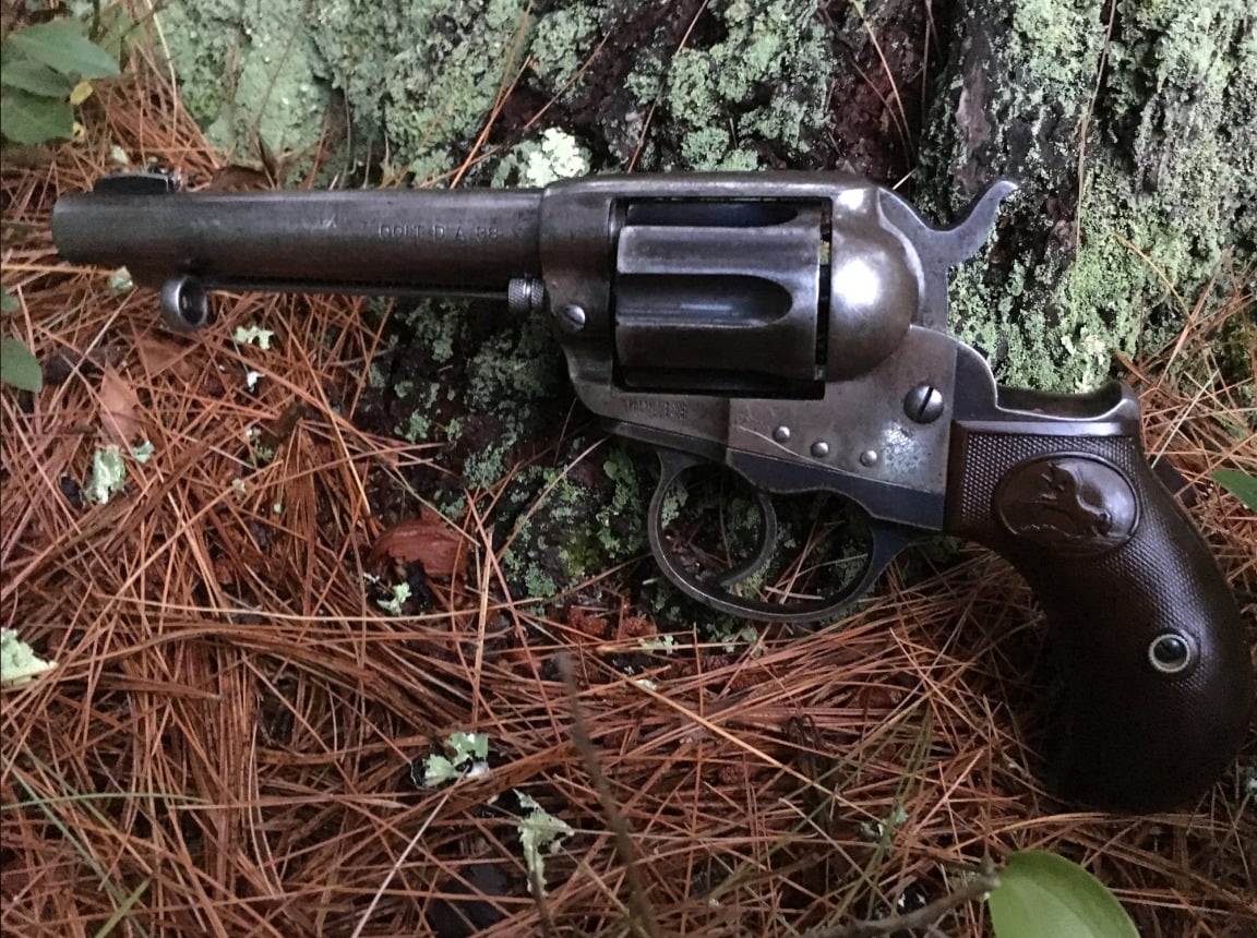 A vintage revolver with a dark handle lies on pine needles and leaves at the base of a moss-covered tree outdoors.