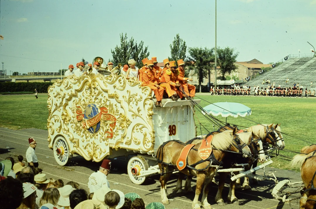A decorated parade wagon pulled by four horses carries people in orange costumes and hats. The wagon is ornate and cream-colored with gold details, moving along a track in front of a crowd and bleachers outdoors.