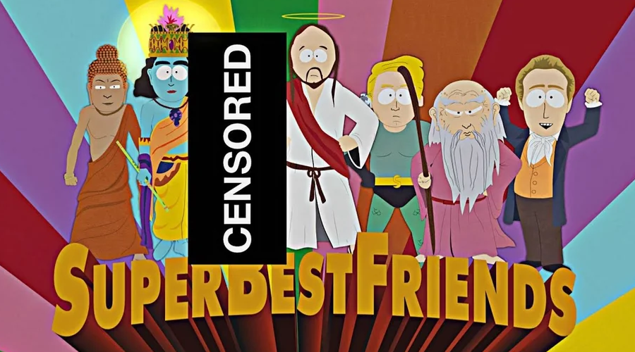 A cartoon image of religious figures from South Park’s “Super Best Friends” episode, with one character censored. The background features colorful rays and the text “SUPERBESTFRIENDS” at the bottom.