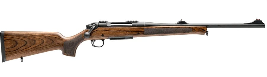A bolt-action hunting rifle with a wooden stock, black metal barrel, and iron sights, displayed on a white background.
