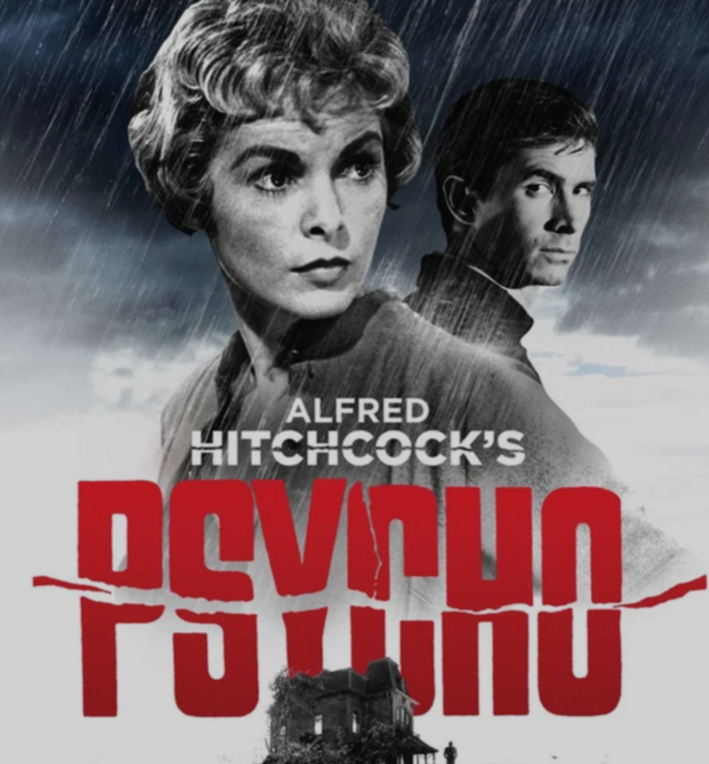Black-and-white poster for "Alfred Hitchcock's Psycho," showing a woman and a man looking in opposite directions, with rain falling and a spooky house at the bottom. Large red title "PSYCHO" is prominently displayed.