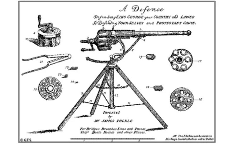 Black and white diagram of the Puckle gun, an early tripod-mounted gun, showing labeled parts and mechanisms, with text promoting its defense capabilities and crediting inventor James Puckle.