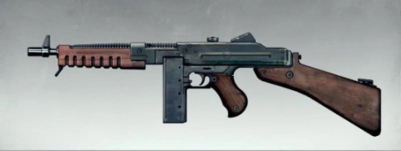 A submachine gun featuring a wooden stock and handguard, a black metal receiver, and a box magazine, displayed on a neutral gray background.