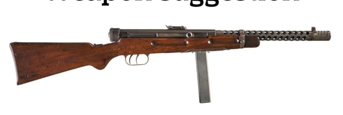 A vintage submachine gun with a wooden stock, perforated metal barrel cover, and a vertical box magazine beneath the receiver, set against a plain white background.