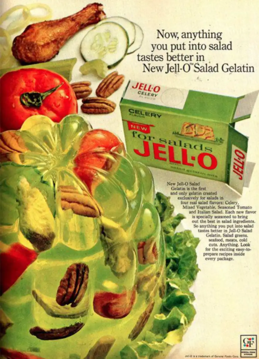 Vintage advertisement featuring a box of Jell-O Celery gelatin, a bowl of salad with vegetables and pecans in green gelatin, and the text, “Now, anything you put into salad tastes better in New Jell-O Salad Gelatin.”