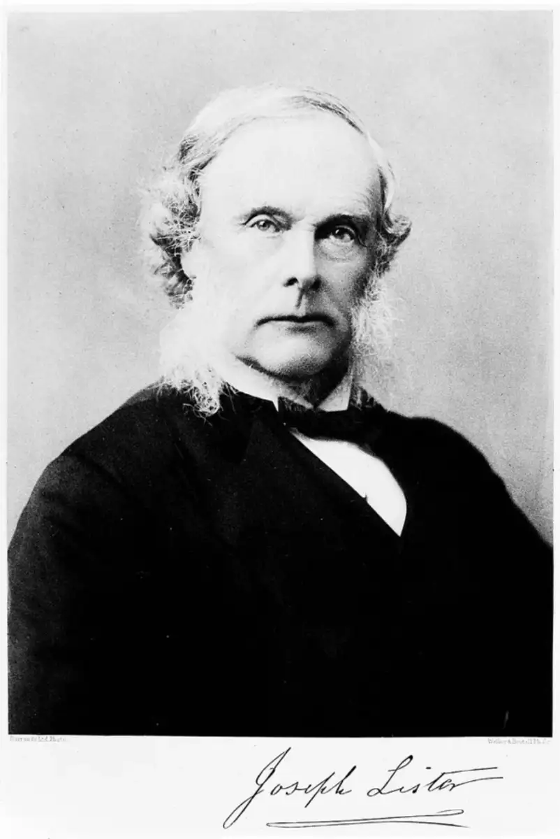 Black and white portrait of an older man with light, curly sideburns, wearing a formal suit and bow tie. He faces forward with a serious expression. The name "Joseph Lister" is signed at the bottom.