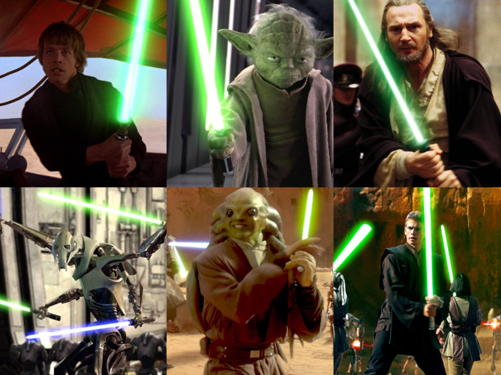 Six characters from Star Wars wield green lightsabers: Luke Skywalker, Yoda, Qui-Gon Jinn, General Grievous, Kit Fisto, and Anakin Skywalker in various movie scenes.