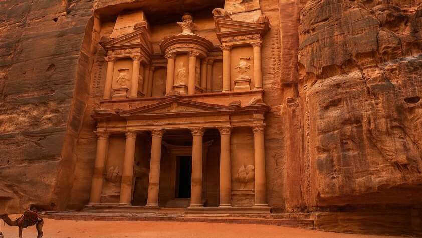 The ancient stone-carved façade of Al-Khazneh (The Treasury) in Petra, Jordan, with intricate columns and details, set into a red sandstone cliff; a person with a camel stands at the lower left.
