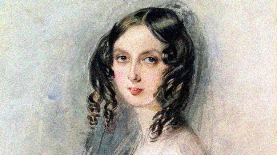 A vintage painting of a young woman with pale skin, long brown curly hair, and blue eyes, wearing a light veil. She gazes softly at the viewer with a slight, composed expression. The background is lightly textured and neutral.