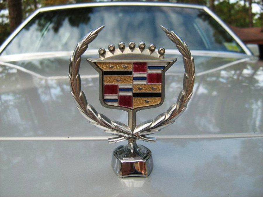 Close-up of a Cadillac emblem featuring a crest with colored sections and a silver laurel wreath, mounted on the hood of a light-colored car. The car’s windshield and blurred trees are visible in the background.
