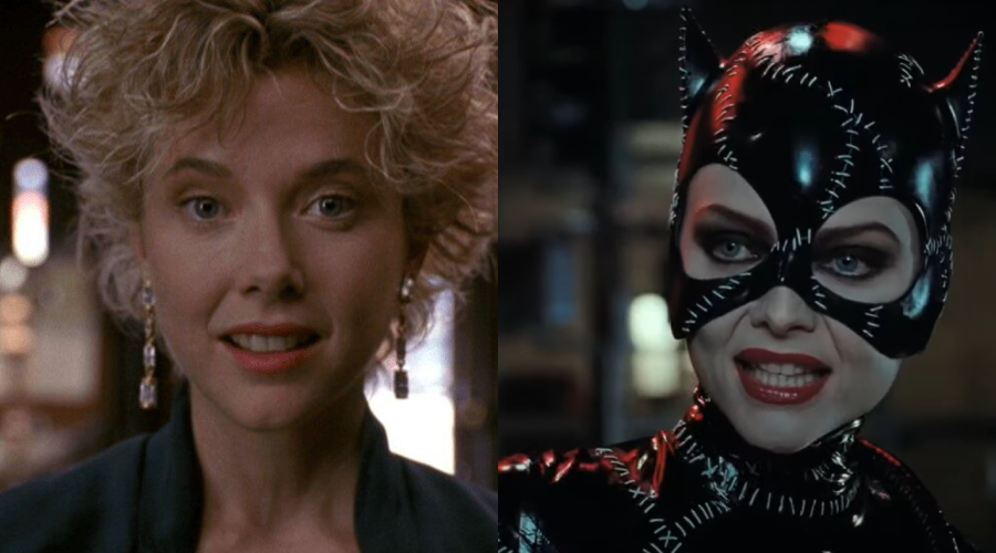 Split image showing the same woman: on the left, she has short curly blonde hair and earrings; on the right, she is in a shiny black Catwoman costume with a stitched mask and red lipstick, both with similar expressions.