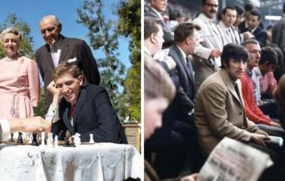 Split image: Left shows people outdoors, two standing behind a man playing chess at a table; right shows a group of men seated closely, including one looking at the camera, with a newspaper visible in the foreground.