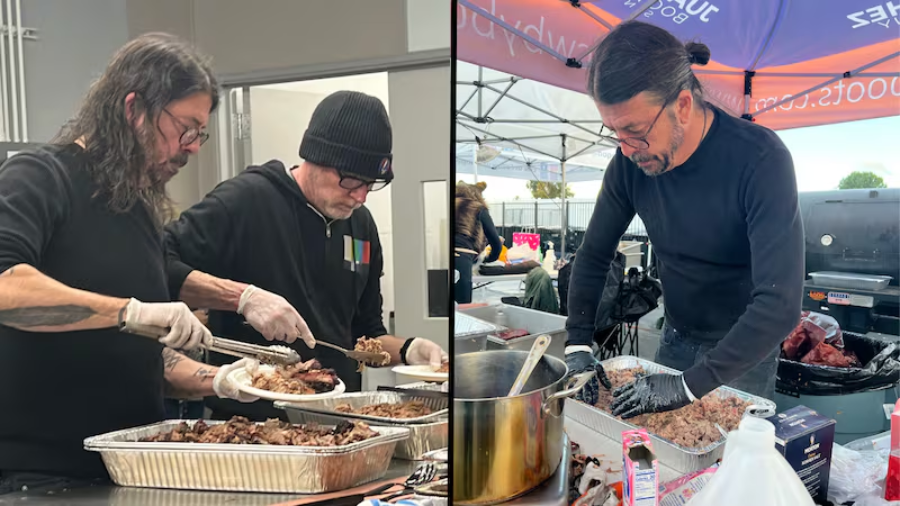 Two men prepare and serve barbecue meat from large trays, one indoors plating food with another person, the other outdoors shredding meat at a cooking station under a tent.