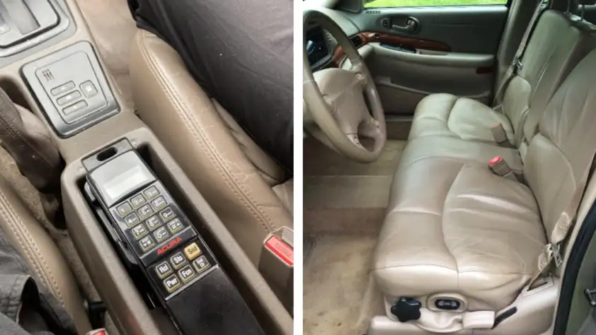 Split image: Left shows a close-up of a car's center console with an old Motorola car phone; right shows the beige leather front seats and interior of a car, with bench seating and a wide front dash.
