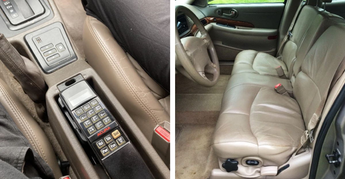 Split image: Left shows a close-up of a car's center console with an old Motorola car phone; right shows the beige leather front seats and interior of a car, with bench seating and a wide front dash.