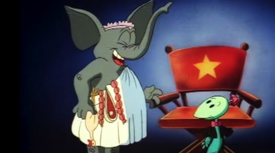 A smiling cartoon elephant in a dress and flower crown stands beside a red director's chair with a yellow star. A small green character with a bow tie looks up at the elephant.