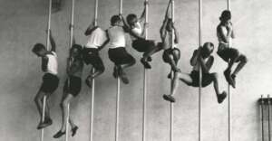 A group of children in shorts and tank tops climb gymnasium poles inside a room, each gripping a pole as they ascend, with some looking at the camera and others focused on climbing.